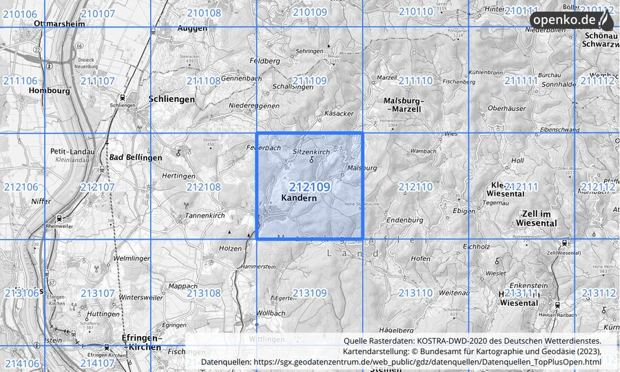 Übersichtskarte des KOSTRA-DWD-2020-Rasterfeldes Nr. 212109