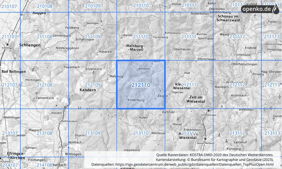 Übersichtskarte des KOSTRA-DWD-2020-Rasterfeldes Nr. 212110