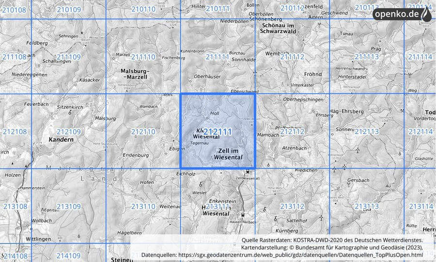 Übersichtskarte des KOSTRA-DWD-2020-Rasterfeldes Nr. 212111