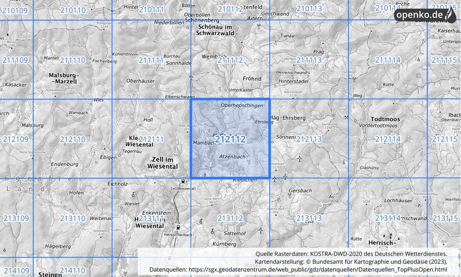 Übersichtskarte des KOSTRA-DWD-2020-Rasterfeldes Nr. 212112