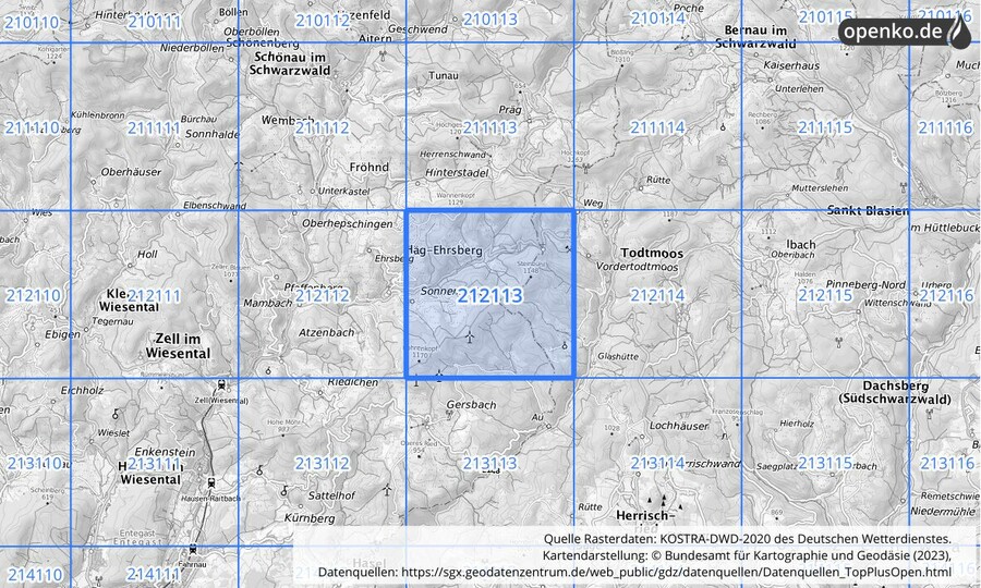 Übersichtskarte des KOSTRA-DWD-2020-Rasterfeldes Nr. 212113