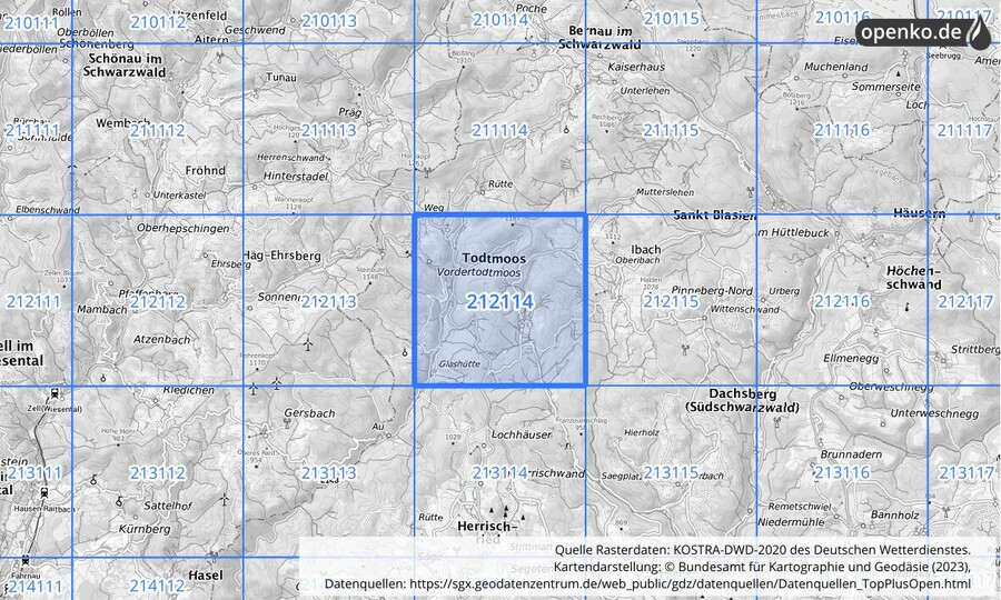 Übersichtskarte des KOSTRA-DWD-2020-Rasterfeldes Nr. 212114