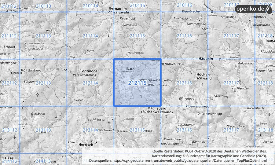 Übersichtskarte des KOSTRA-DWD-2020-Rasterfeldes Nr. 212115