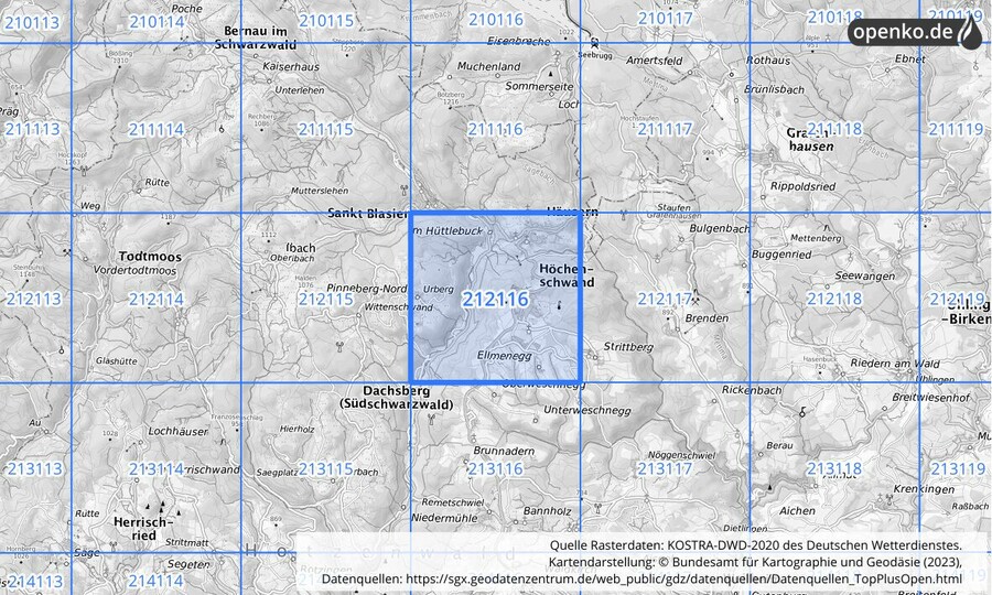 Übersichtskarte des KOSTRA-DWD-2020-Rasterfeldes Nr. 212116