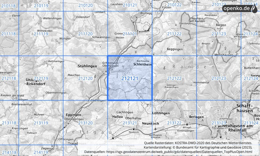 Übersichtskarte des KOSTRA-DWD-2020-Rasterfeldes Nr. 212121