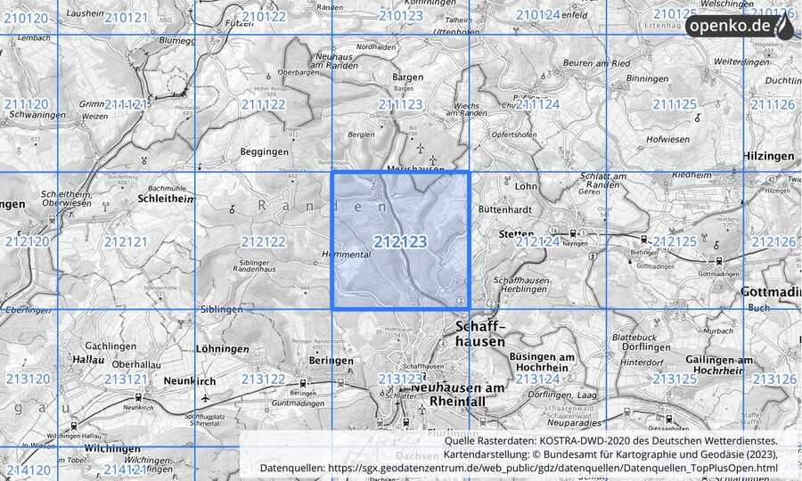 Übersichtskarte des KOSTRA-DWD-2020-Rasterfeldes Nr. 212123