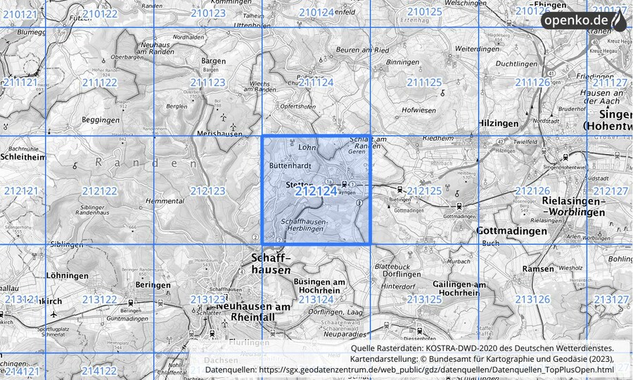 Übersichtskarte des KOSTRA-DWD-2020-Rasterfeldes Nr. 212124