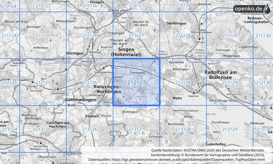 Übersichtskarte des KOSTRA-DWD-2020-Rasterfeldes Nr. 212127