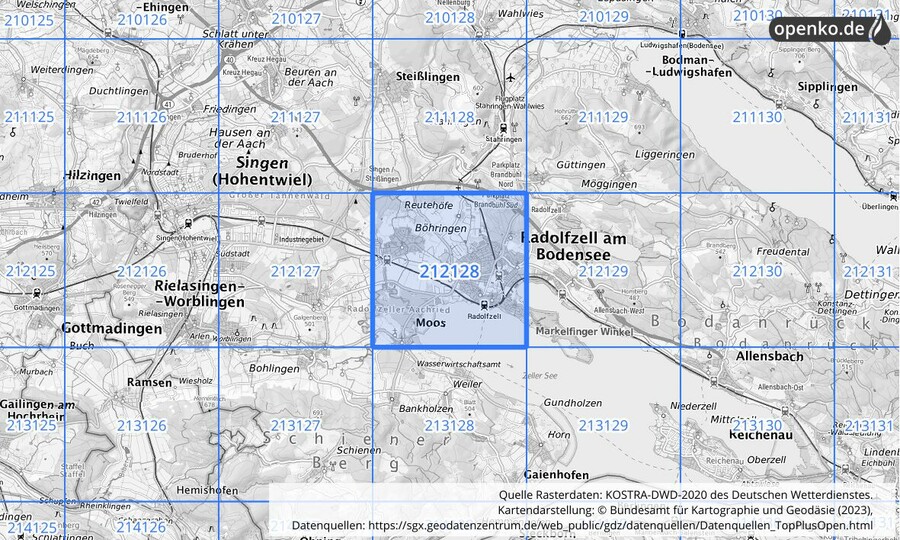 Übersichtskarte des KOSTRA-DWD-2020-Rasterfeldes Nr. 212128