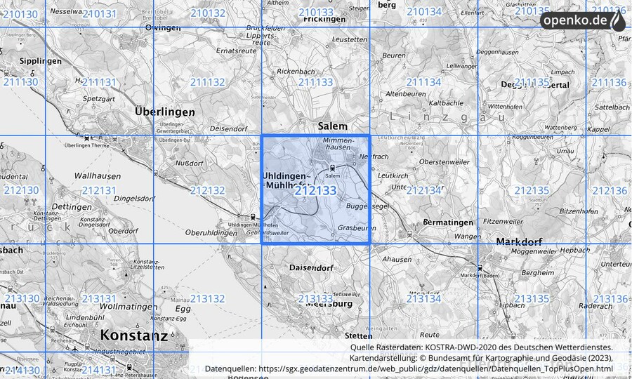 Übersichtskarte des KOSTRA-DWD-2020-Rasterfeldes Nr. 212133