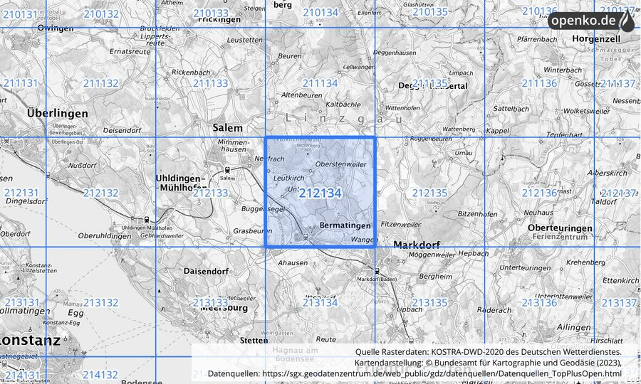 Übersichtskarte des KOSTRA-DWD-2020-Rasterfeldes Nr. 212134