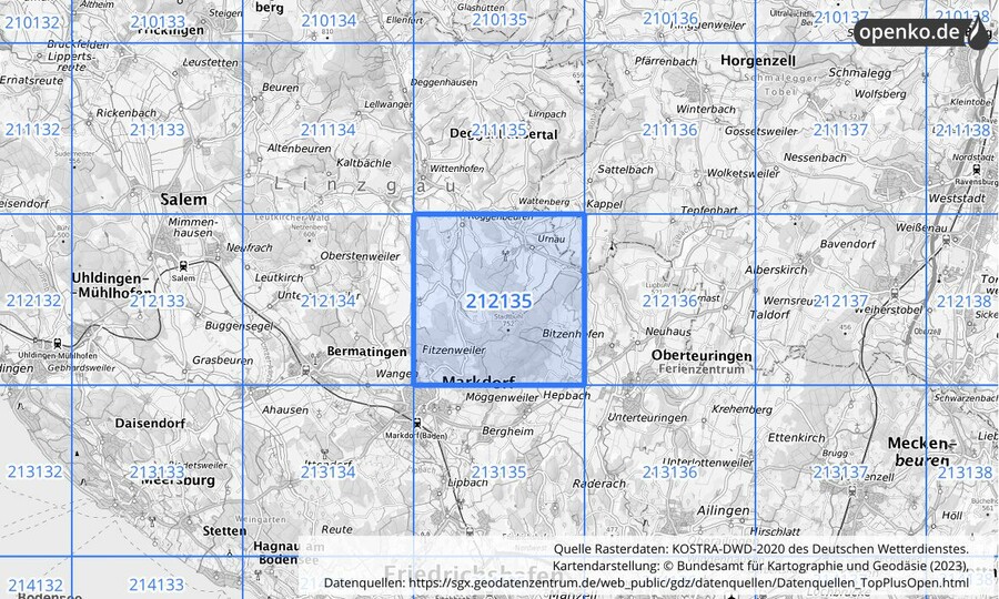 Übersichtskarte des KOSTRA-DWD-2020-Rasterfeldes Nr. 212135