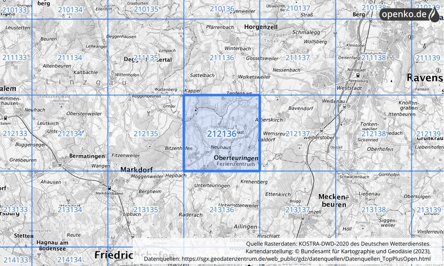 Übersichtskarte des KOSTRA-DWD-2020-Rasterfeldes Nr. 212136