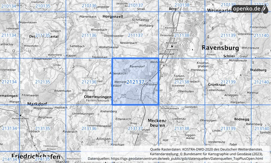 Übersichtskarte des KOSTRA-DWD-2020-Rasterfeldes Nr. 212137