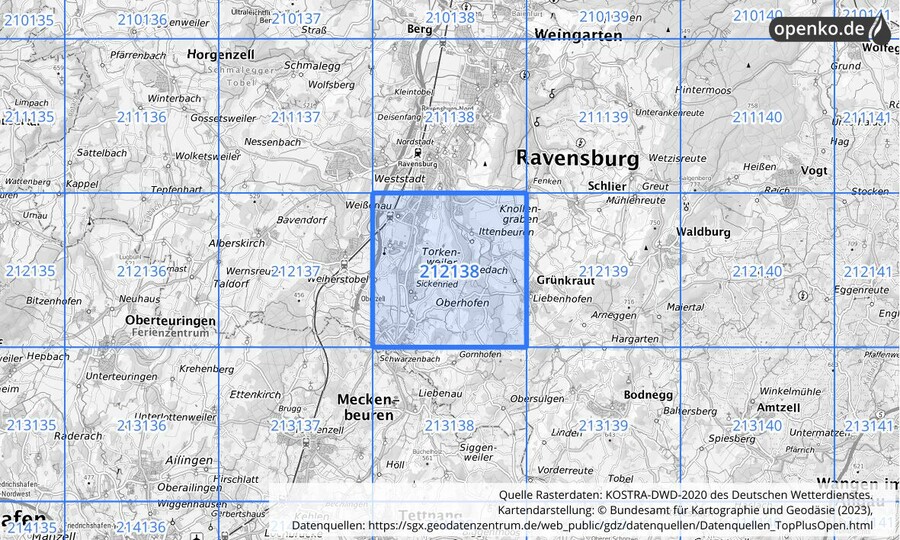 Übersichtskarte des KOSTRA-DWD-2020-Rasterfeldes Nr. 212138