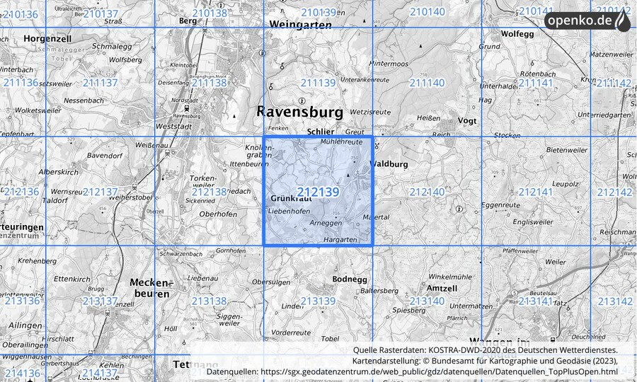 Übersichtskarte des KOSTRA-DWD-2020-Rasterfeldes Nr. 212139