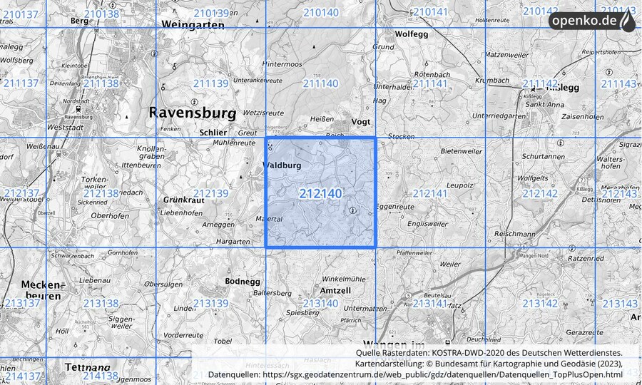 Übersichtskarte des KOSTRA-DWD-2020-Rasterfeldes Nr. 212140