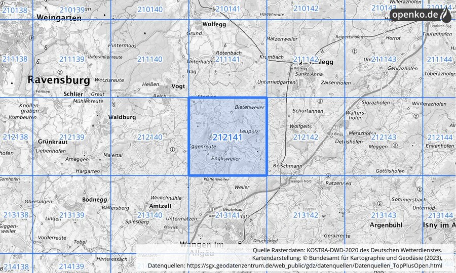 Übersichtskarte des KOSTRA-DWD-2020-Rasterfeldes Nr. 212141