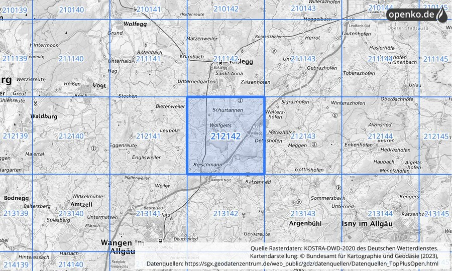 Übersichtskarte des KOSTRA-DWD-2020-Rasterfeldes Nr. 212142
