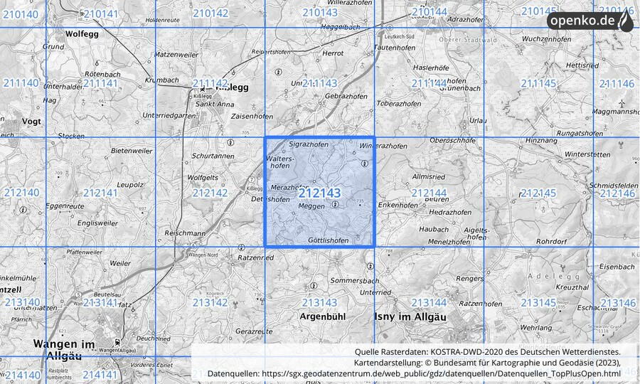 Übersichtskarte des KOSTRA-DWD-2020-Rasterfeldes Nr. 212143