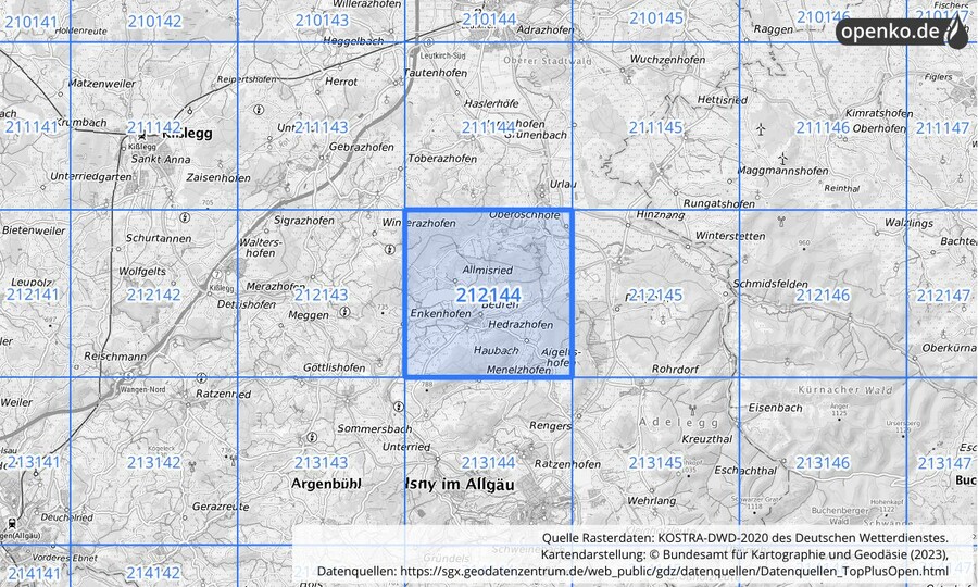 Übersichtskarte des KOSTRA-DWD-2020-Rasterfeldes Nr. 212144