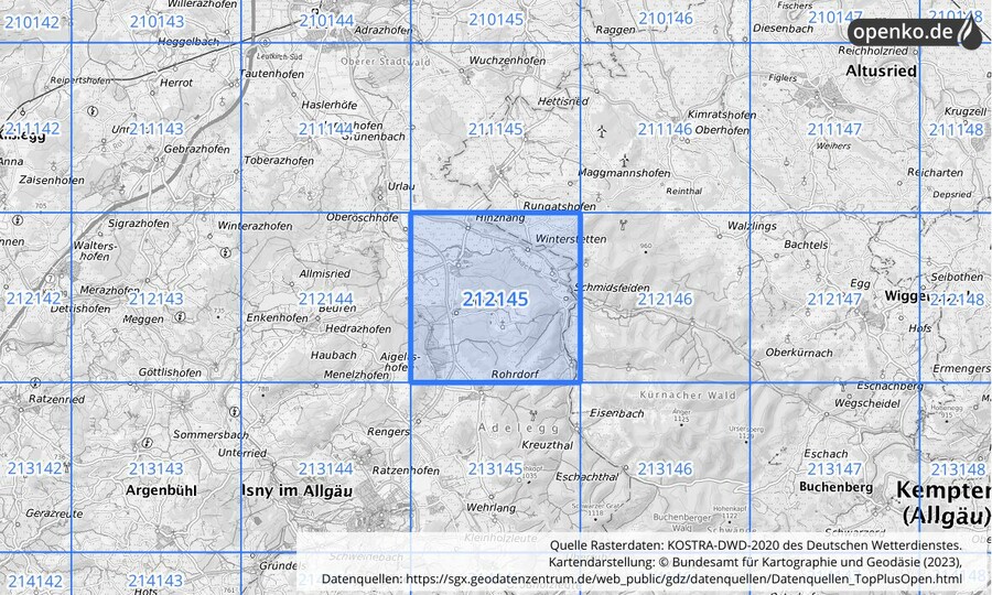 Übersichtskarte des KOSTRA-DWD-2020-Rasterfeldes Nr. 212145