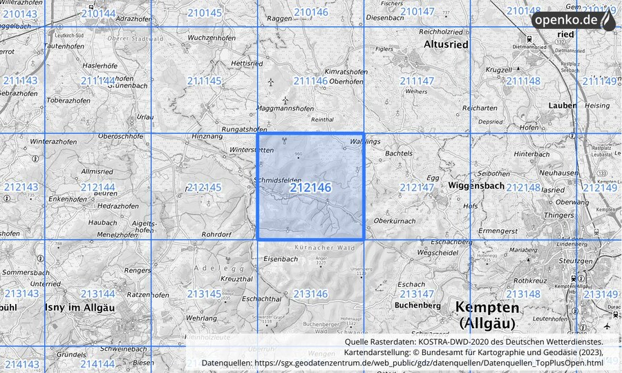 Übersichtskarte des KOSTRA-DWD-2020-Rasterfeldes Nr. 212146