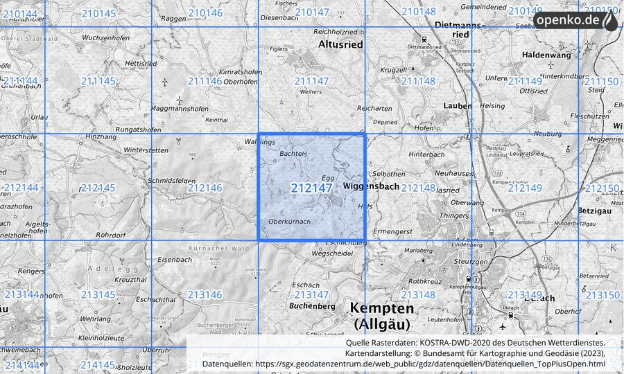 Übersichtskarte des KOSTRA-DWD-2020-Rasterfeldes Nr. 212147