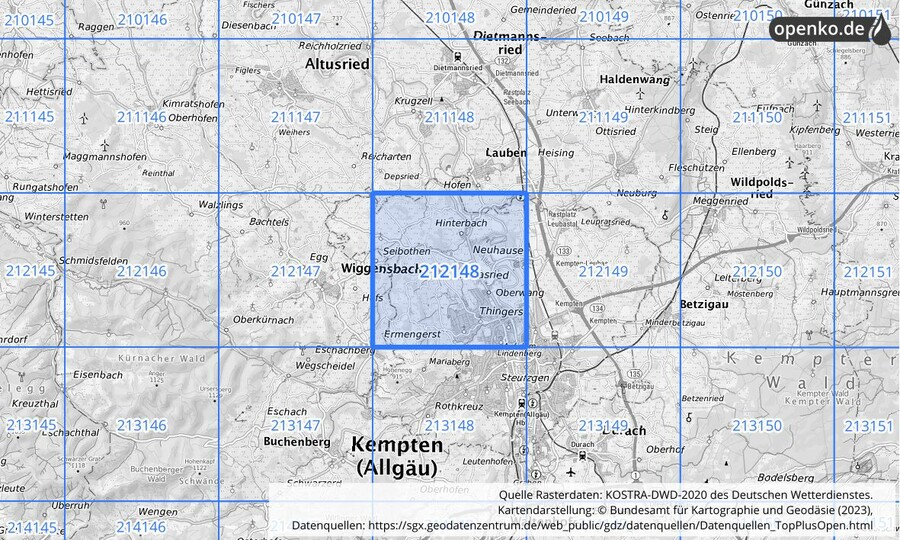 Übersichtskarte des KOSTRA-DWD-2020-Rasterfeldes Nr. 212148