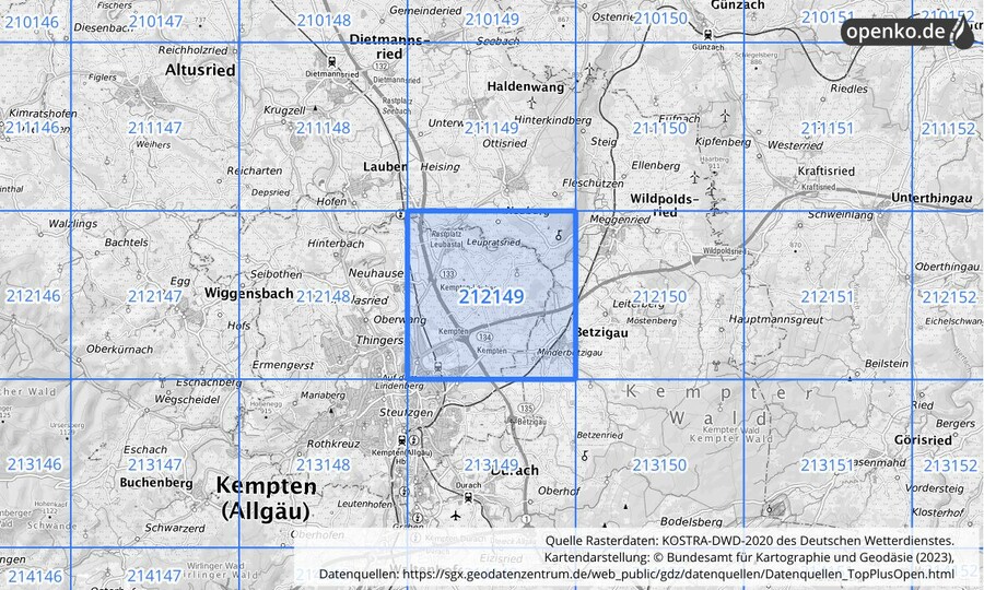 Übersichtskarte des KOSTRA-DWD-2020-Rasterfeldes Nr. 212149