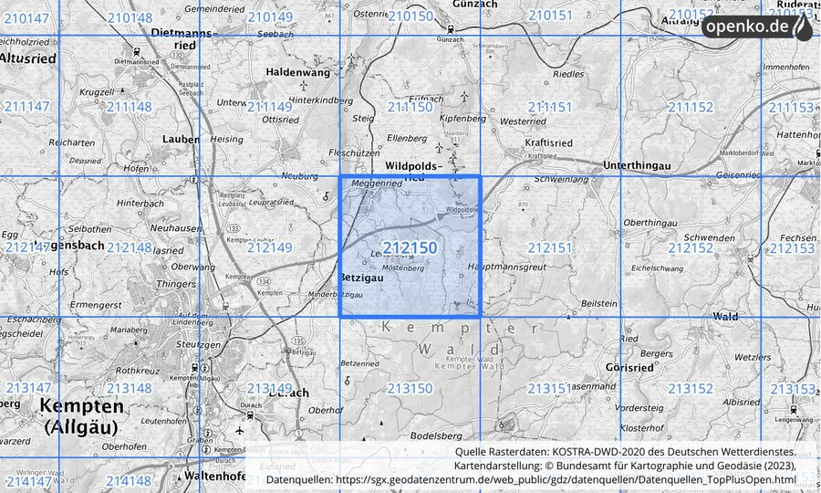 Übersichtskarte des KOSTRA-DWD-2020-Rasterfeldes Nr. 212150