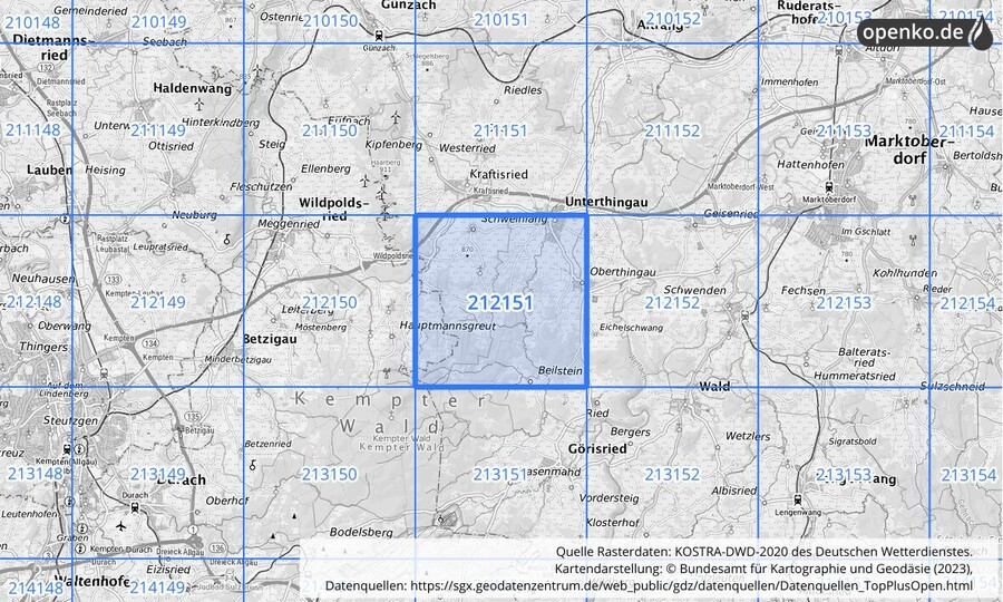 Übersichtskarte des KOSTRA-DWD-2020-Rasterfeldes Nr. 212151