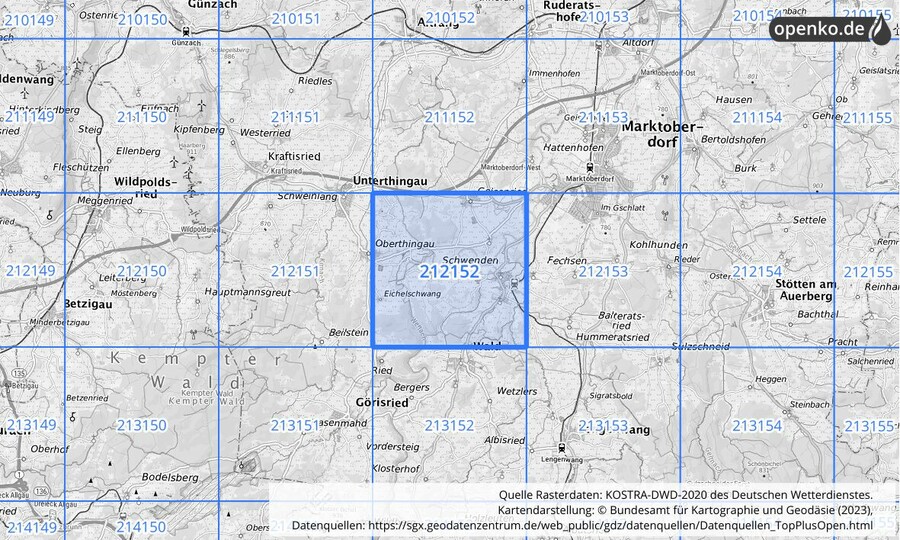 Übersichtskarte des KOSTRA-DWD-2020-Rasterfeldes Nr. 212152