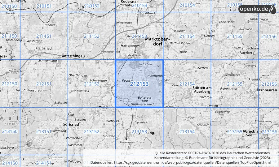 Übersichtskarte des KOSTRA-DWD-2020-Rasterfeldes Nr. 212153