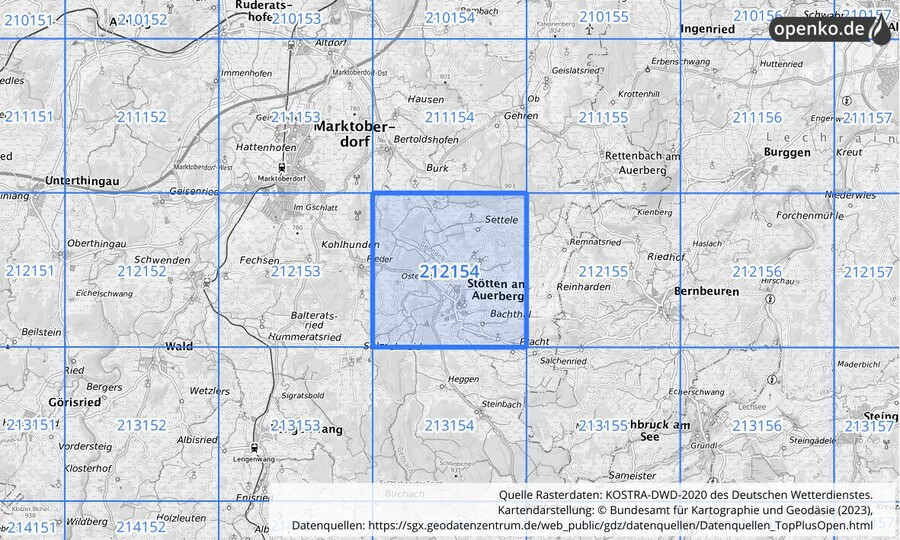 Übersichtskarte des KOSTRA-DWD-2020-Rasterfeldes Nr. 212154