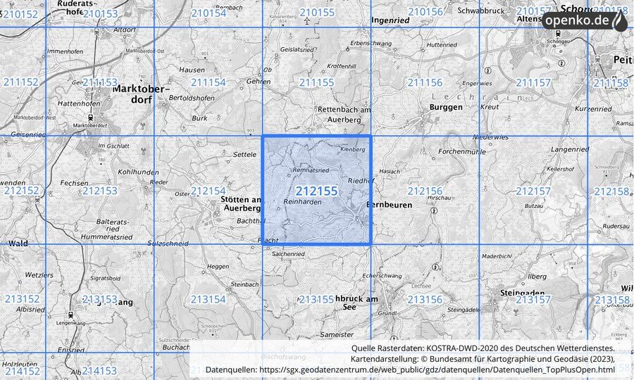 Übersichtskarte des KOSTRA-DWD-2020-Rasterfeldes Nr. 212155