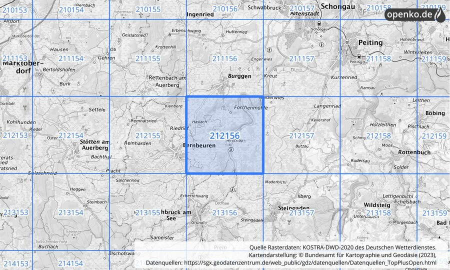 Übersichtskarte des KOSTRA-DWD-2020-Rasterfeldes Nr. 212156