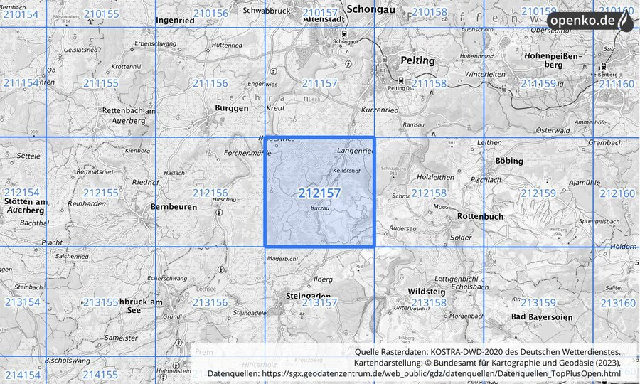 Übersichtskarte des KOSTRA-DWD-2020-Rasterfeldes Nr. 212157