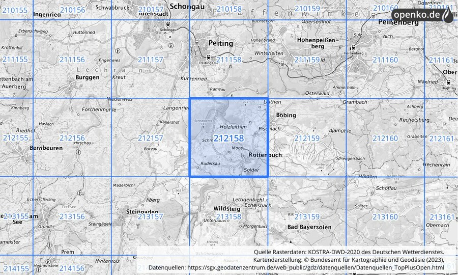 Übersichtskarte des KOSTRA-DWD-2020-Rasterfeldes Nr. 212158