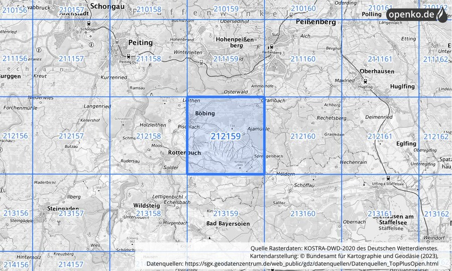 Übersichtskarte des KOSTRA-DWD-2020-Rasterfeldes Nr. 212159
