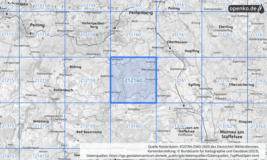 Übersichtskarte des KOSTRA-DWD-2020-Rasterfeldes Nr. 212160