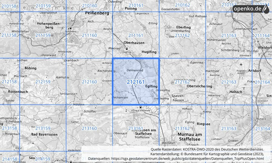 Übersichtskarte des KOSTRA-DWD-2020-Rasterfeldes Nr. 212161