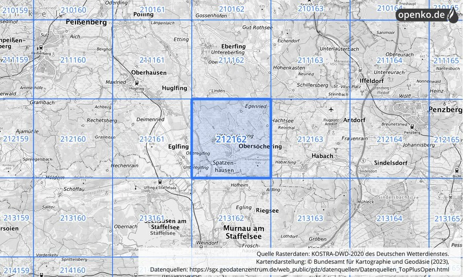 Übersichtskarte des KOSTRA-DWD-2020-Rasterfeldes Nr. 212162