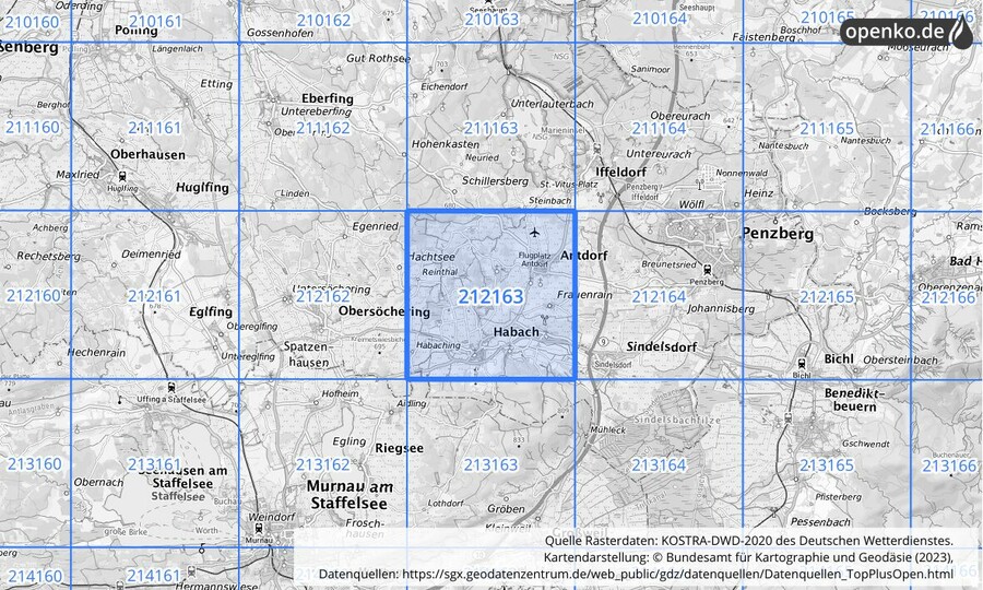 Übersichtskarte des KOSTRA-DWD-2020-Rasterfeldes Nr. 212163