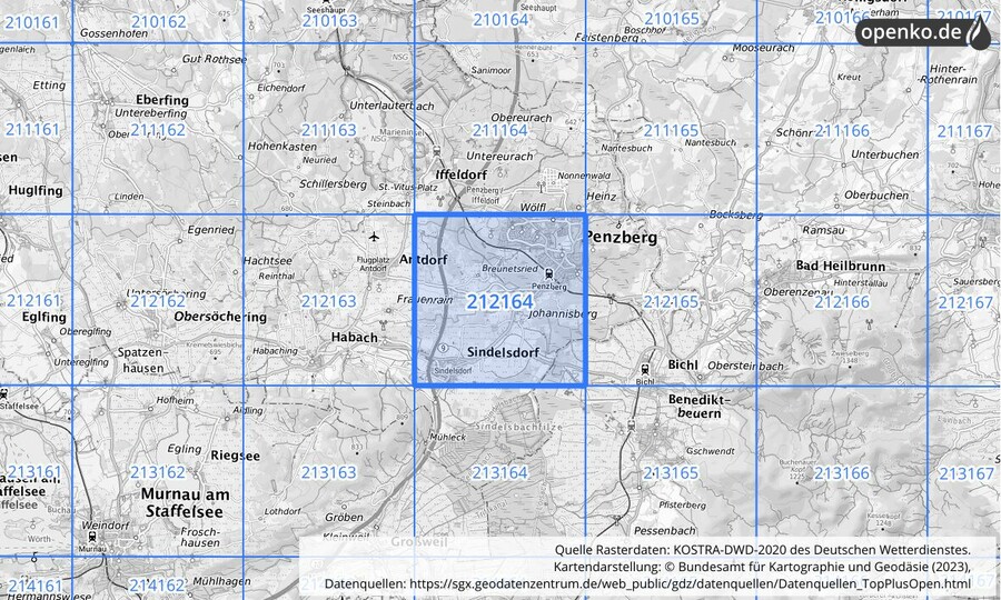 Übersichtskarte des KOSTRA-DWD-2020-Rasterfeldes Nr. 212164