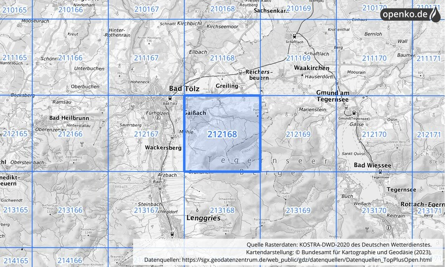 Übersichtskarte des KOSTRA-DWD-2020-Rasterfeldes Nr. 212168