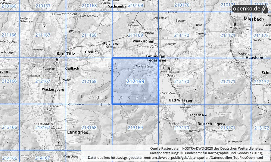 Übersichtskarte des KOSTRA-DWD-2020-Rasterfeldes Nr. 212169