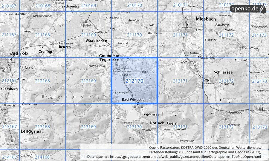 Übersichtskarte des KOSTRA-DWD-2020-Rasterfeldes Nr. 212170
