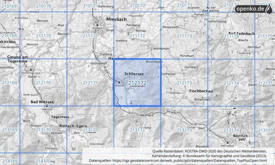 Übersichtskarte des KOSTRA-DWD-2020-Rasterfeldes Nr. 212172