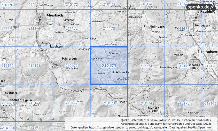 Übersichtskarte des KOSTRA-DWD-2020-Rasterfeldes Nr. 212173